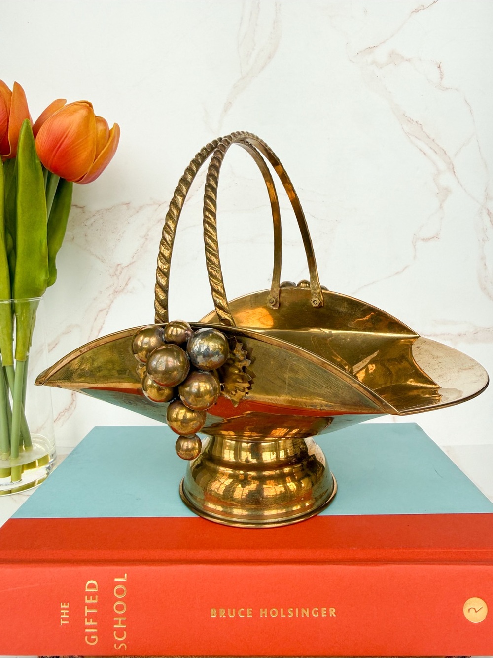 Vintage Mid-Century MCM Brass Double-Handle Basket with Grape Accents